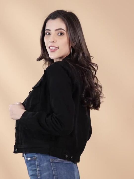 Women Black Solid Pure Cotton Denim Jacket