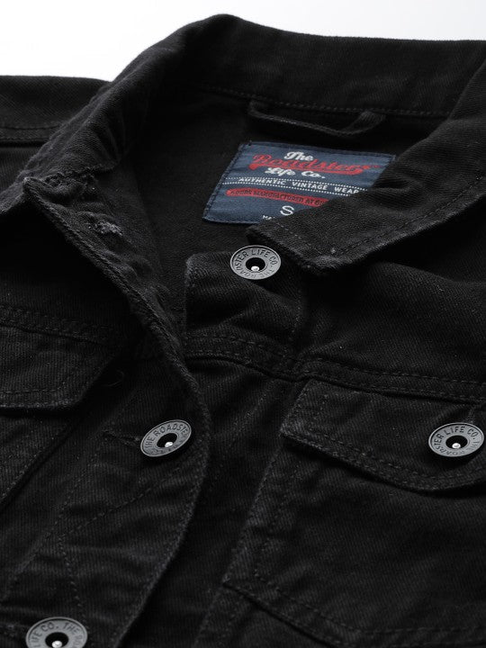 Women Black Solid Pure Cotton Denim Jacket