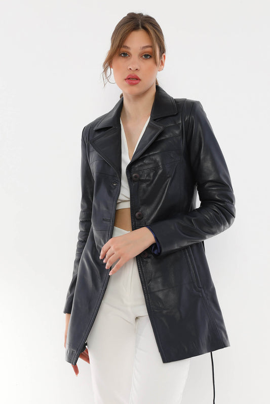 Jessica Black Leather Trench Coat For Women