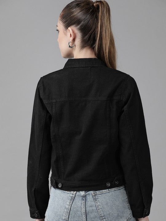 Women Black Solid Pure Cotton Denim Jacket