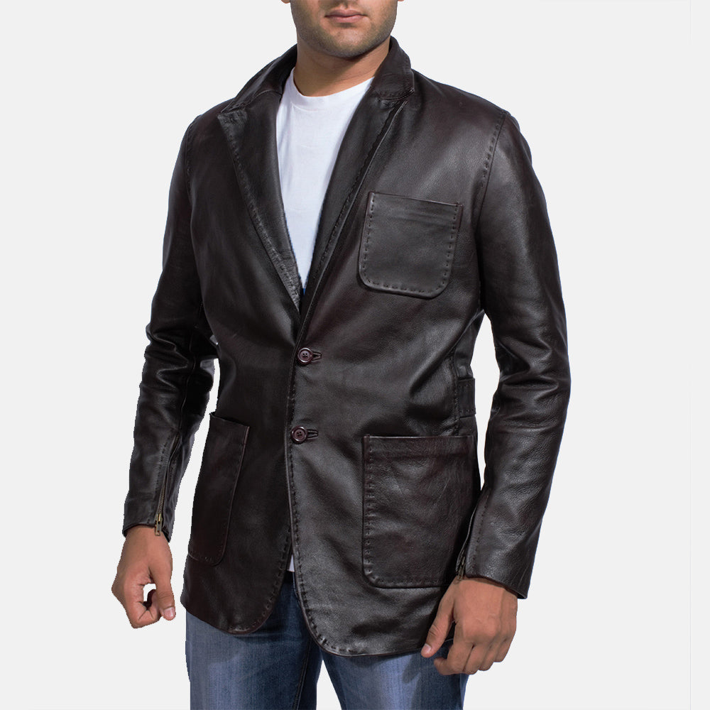 Ace Wine Black Leather Blazer