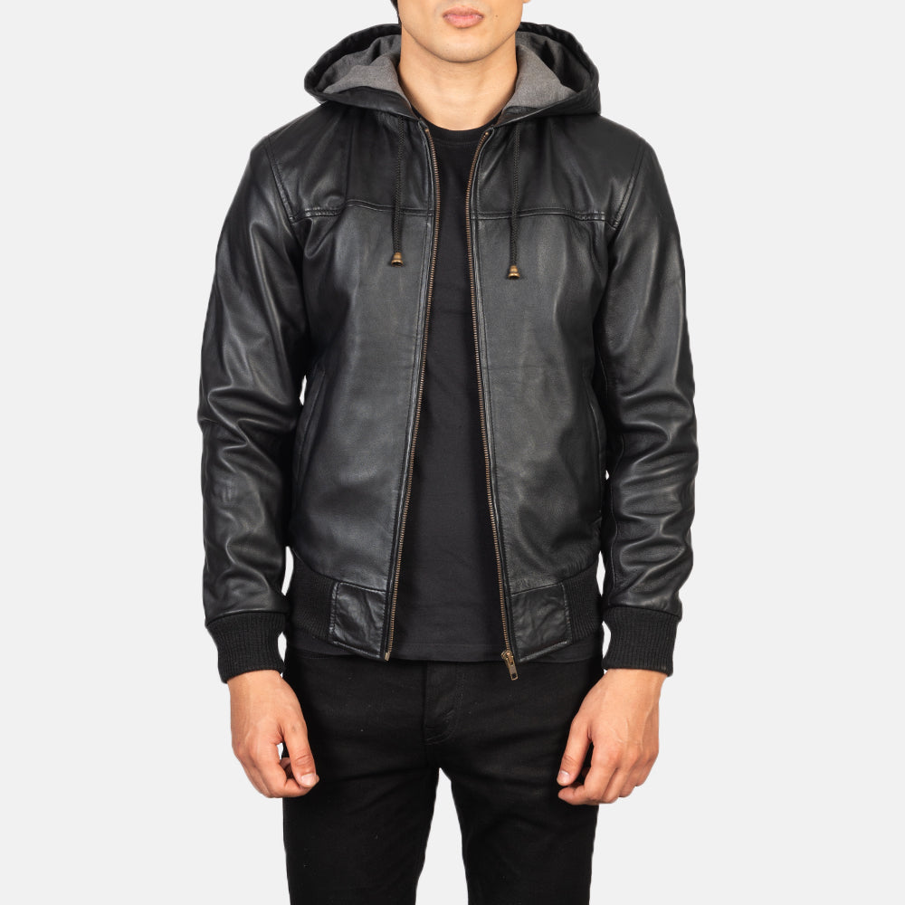 Ace Black Hooded Leather Bomber Jacket