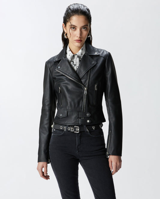 Cropped Leather Biker Jacket in Nappa