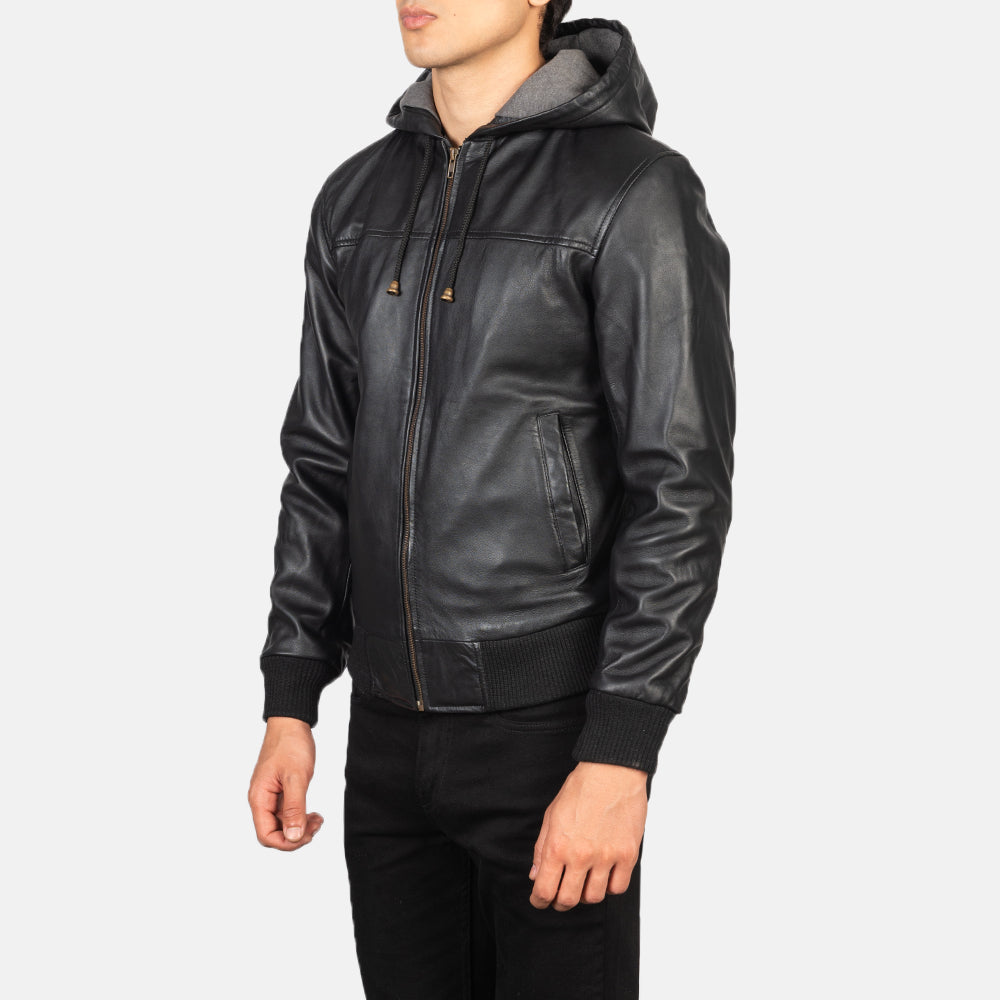 Ace Black Hooded Leather Bomber Jacket