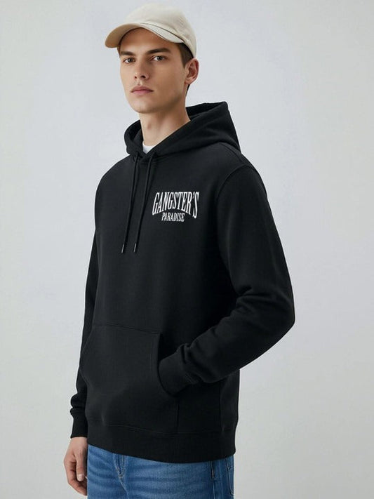 Men Black Cotton Fleece Hooded Pullover Sweatshirt