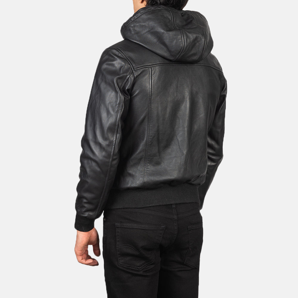 Ace Black Hooded Leather Bomber Jacket