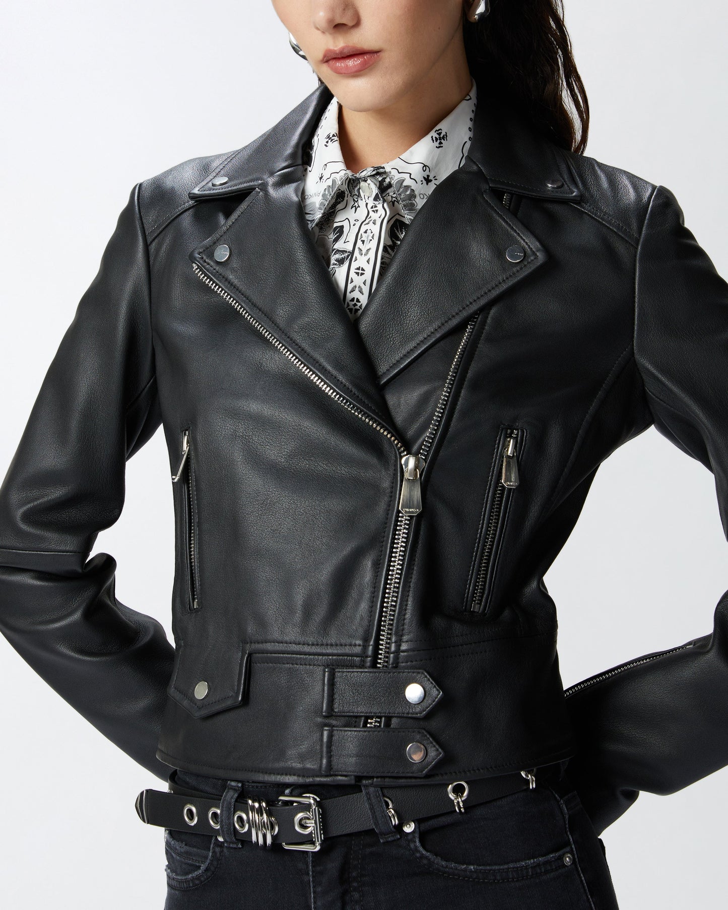 Cropped Leather Biker Jacket in Nappa