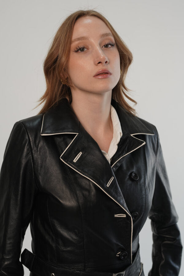 Ella Black White Leather Trench Coat For Women