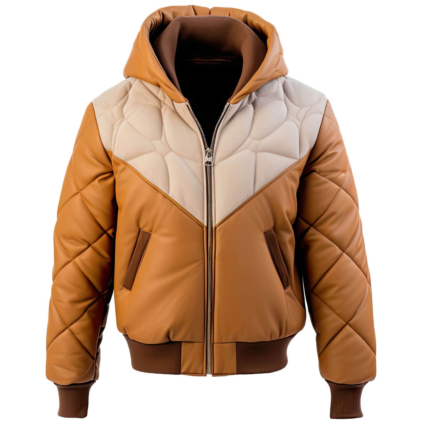 Men's Brown Beige Genuine Sheepskin Hooded Zip-up Puffer Bomber Casual Rib Knit Soft Leather Jacket - Front View - DENIMS