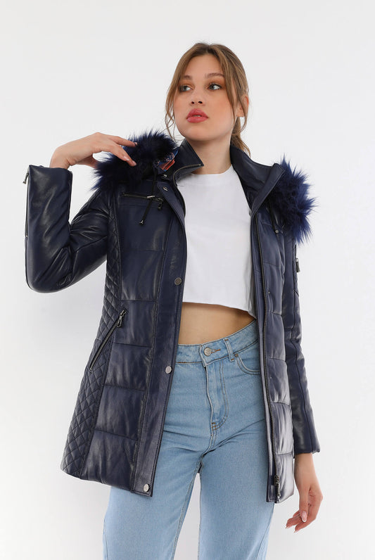 Chloe Blue Fur Hood Leather Jacket For Women