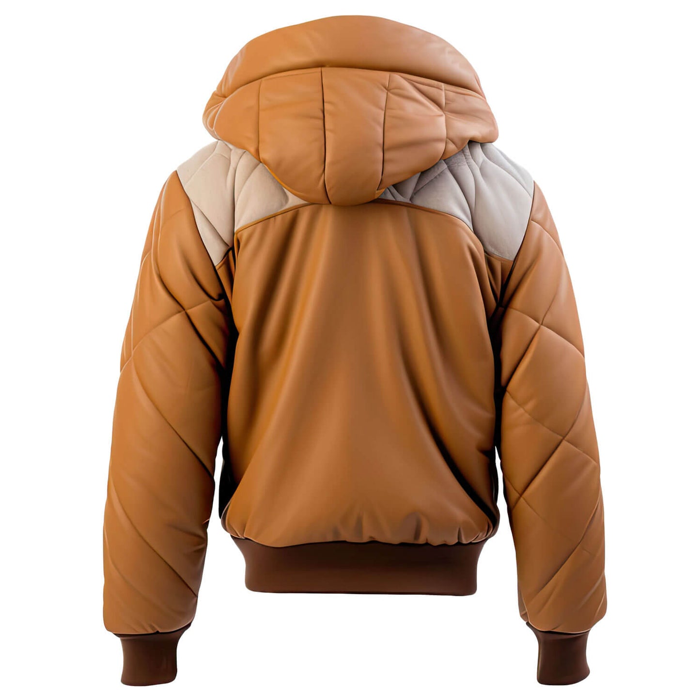 Men's Brown Beige Genuine Sheepskin Hooded Zip-up Puffer Bomber Casual Rib Knit Soft Leather Jacket - Back View - DENIMS