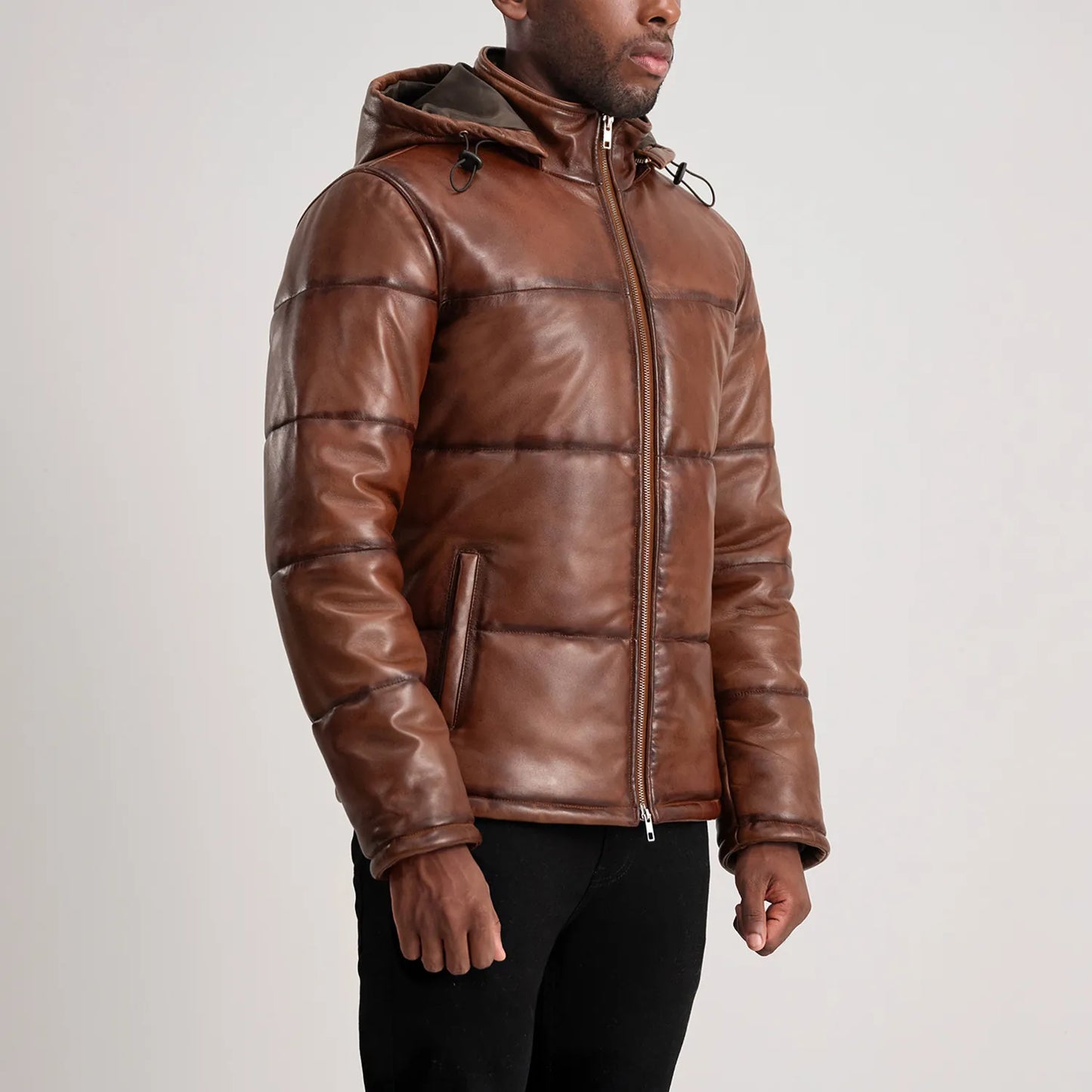 Ace Waxed Brown Hooded Leather Puffer Jacket