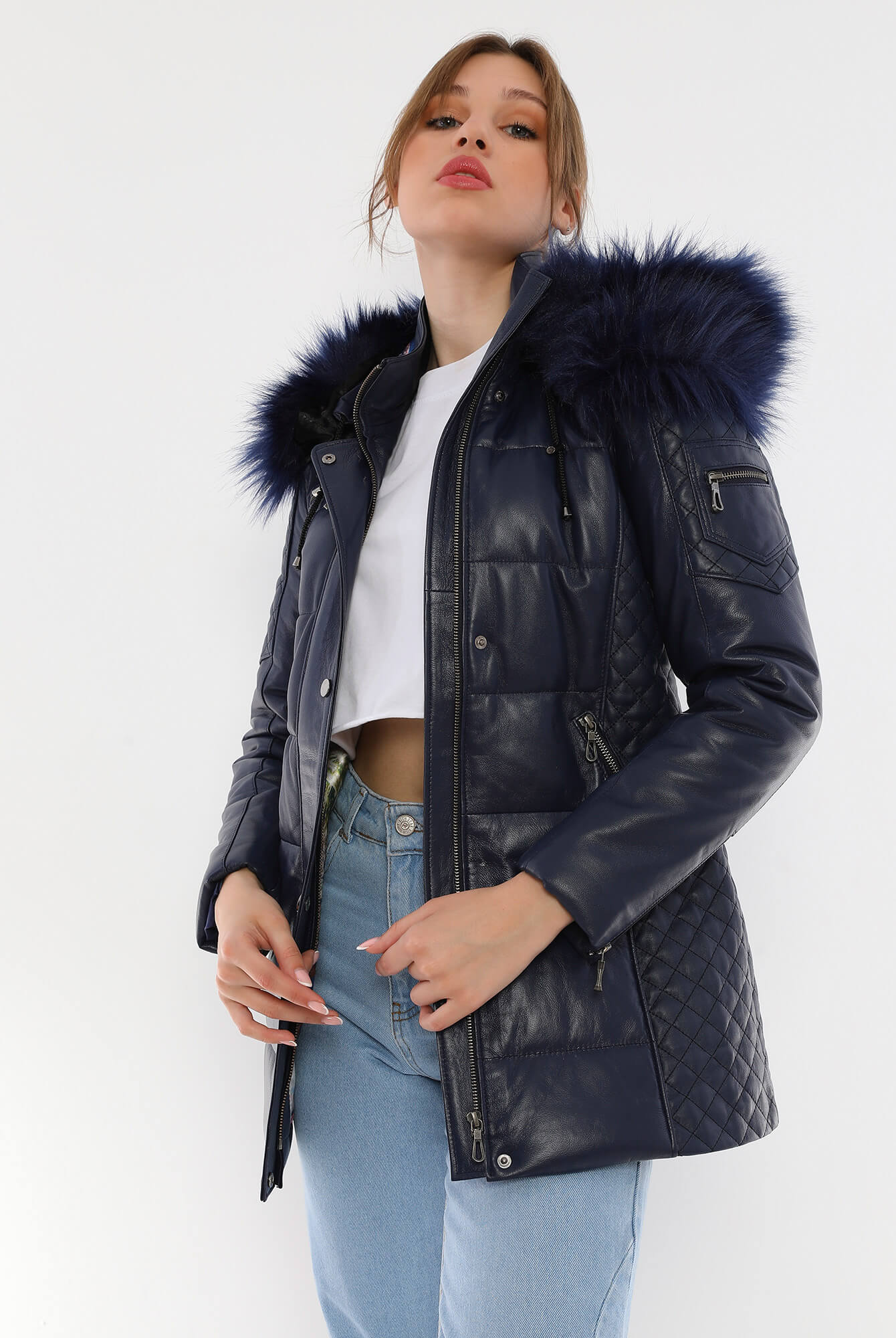 Chloe Blue Fur Hood Leather Jacket For Women