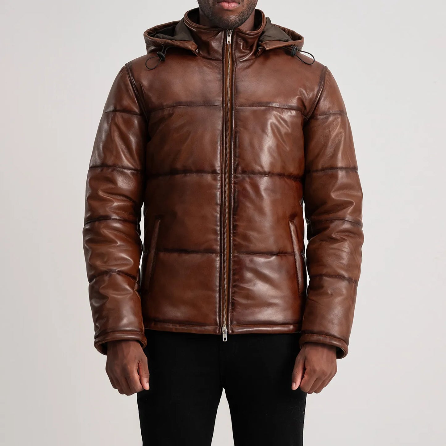 Ace Waxed Brown Hooded Leather Puffer Jacket