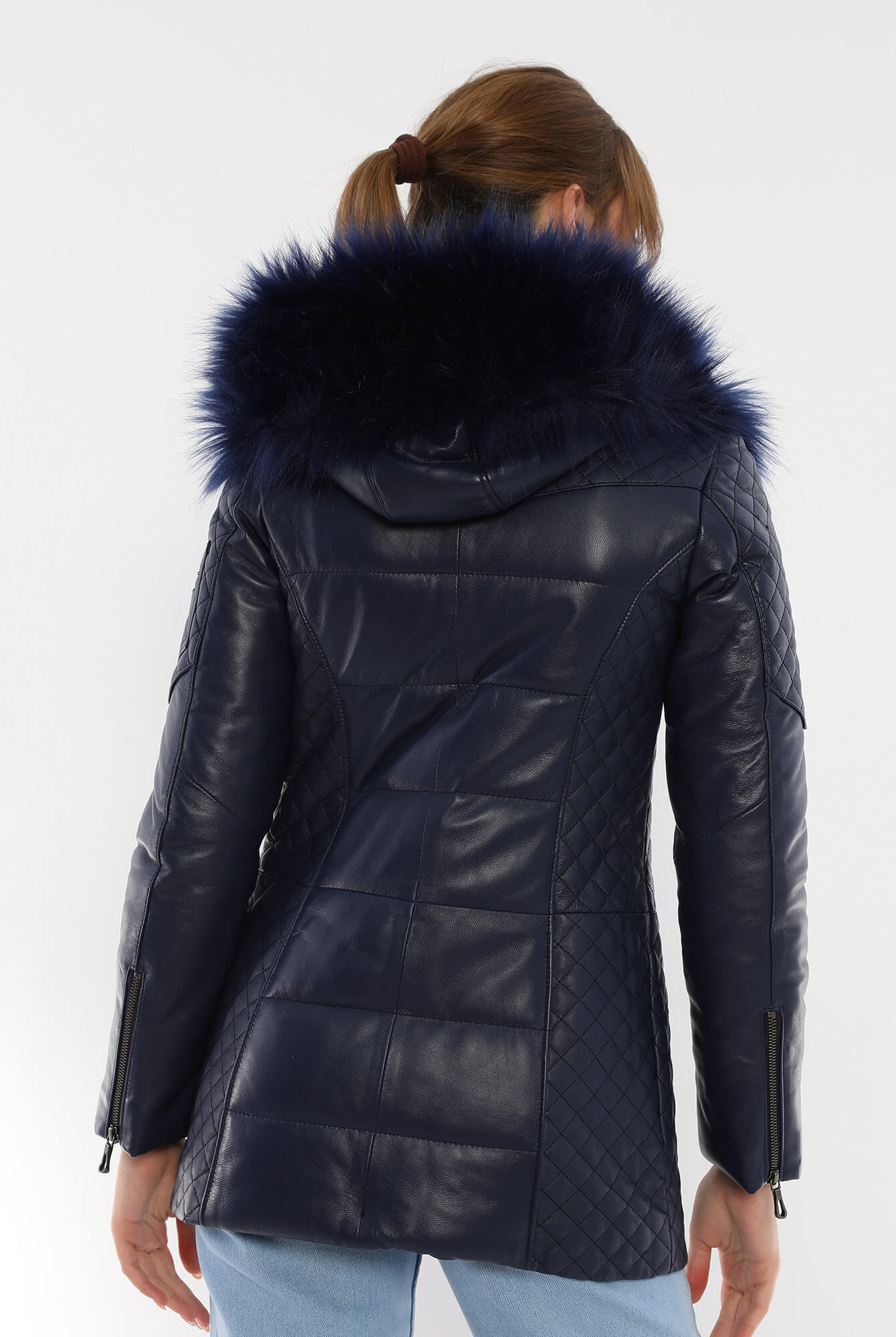 Chloe Blue Fur Hood Leather Jacket For Women