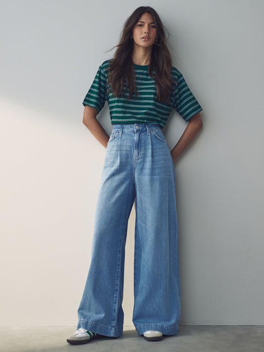 Women Mid Blue Palazzo Wide Leg 100% Cotton Jeans – Trendy Palazzo Denim for Pakistani Women | DENIMS