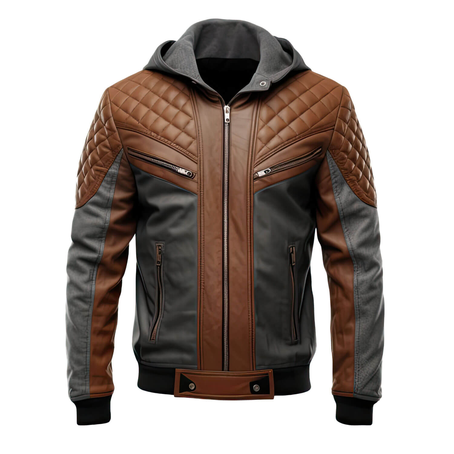 Men's Charcoal Grey Brown Genuine Sheepskin Diamond Quilted Biker Hooded Stylish Zip-Up Moto Bomber Leather Jacket - Front View - DENIMS