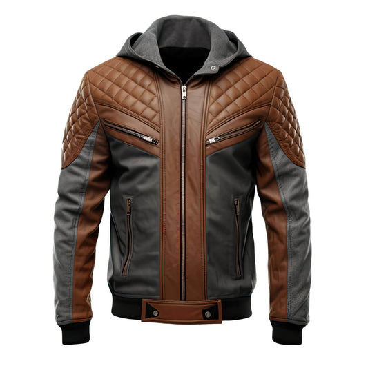 Men's Charcoal Grey Brown Genuine Sheepskin Diamond Quilted Biker Hooded Stylish Zip-Up Moto Bomber Leather Jacket - Front View - DENIMS