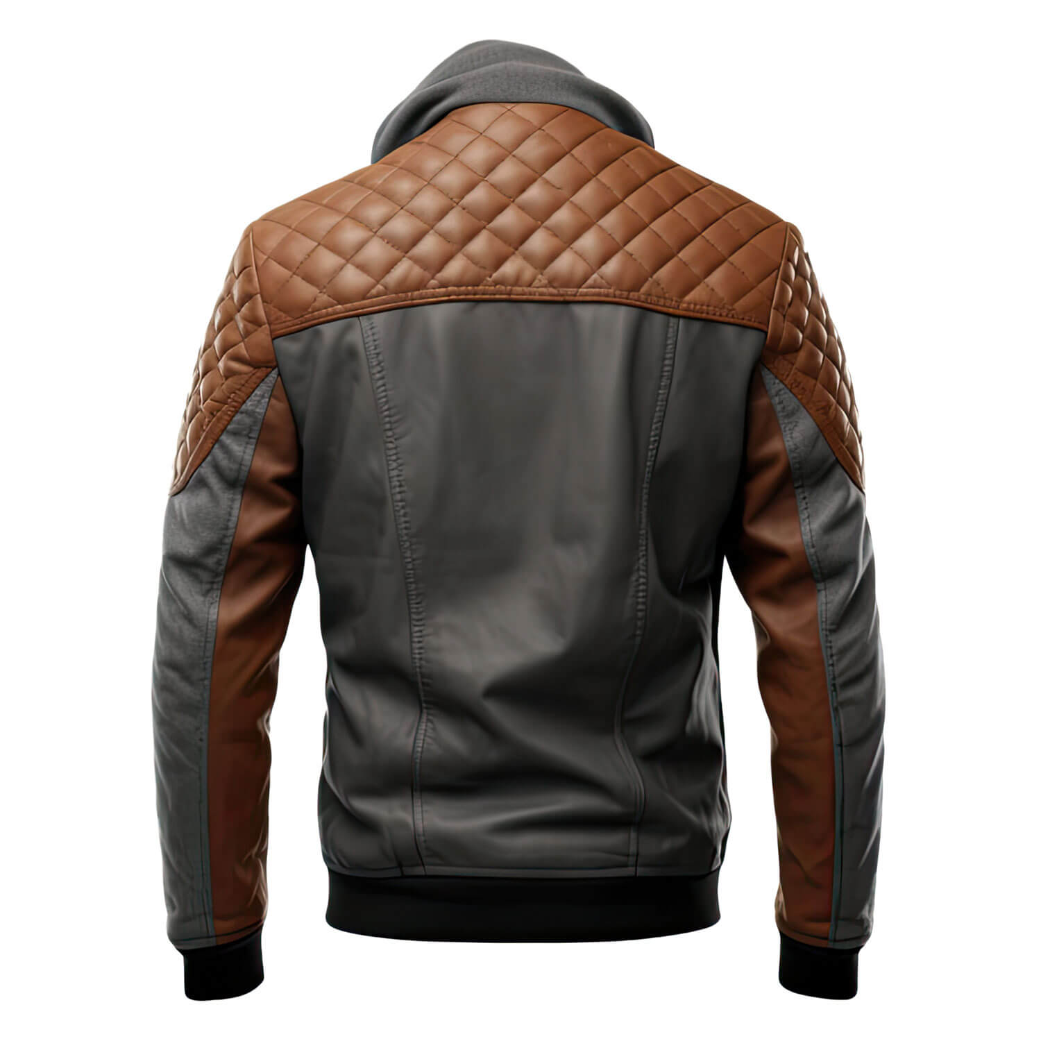 Men's Charcoal Grey Brown Genuine Sheepskin Diamond Quilted Biker Hooded Stylish Zip-Up Moto Bomber Leather Jacket - Back View - DENIMS