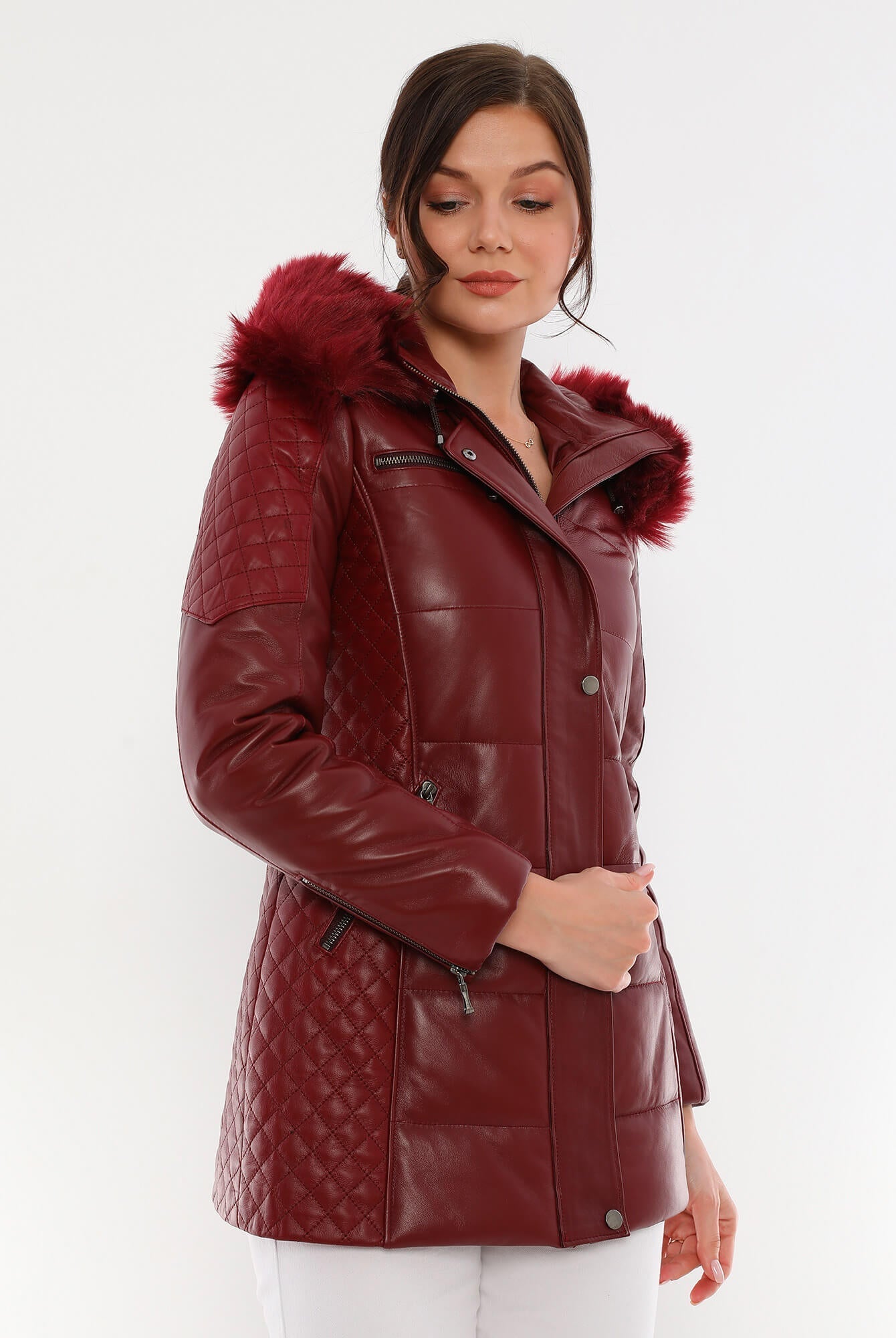 Chloe Maroon Fur Hood Leather Jacket For Women