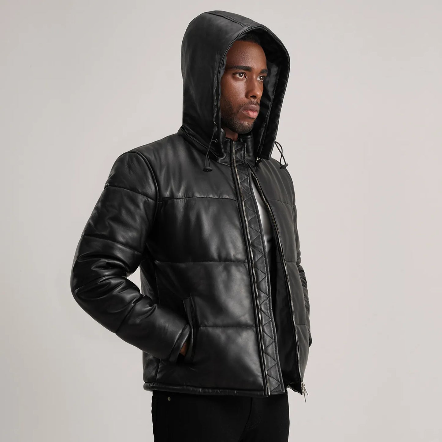 Ace Black Hooded Sheep Leather Puffer Jacket