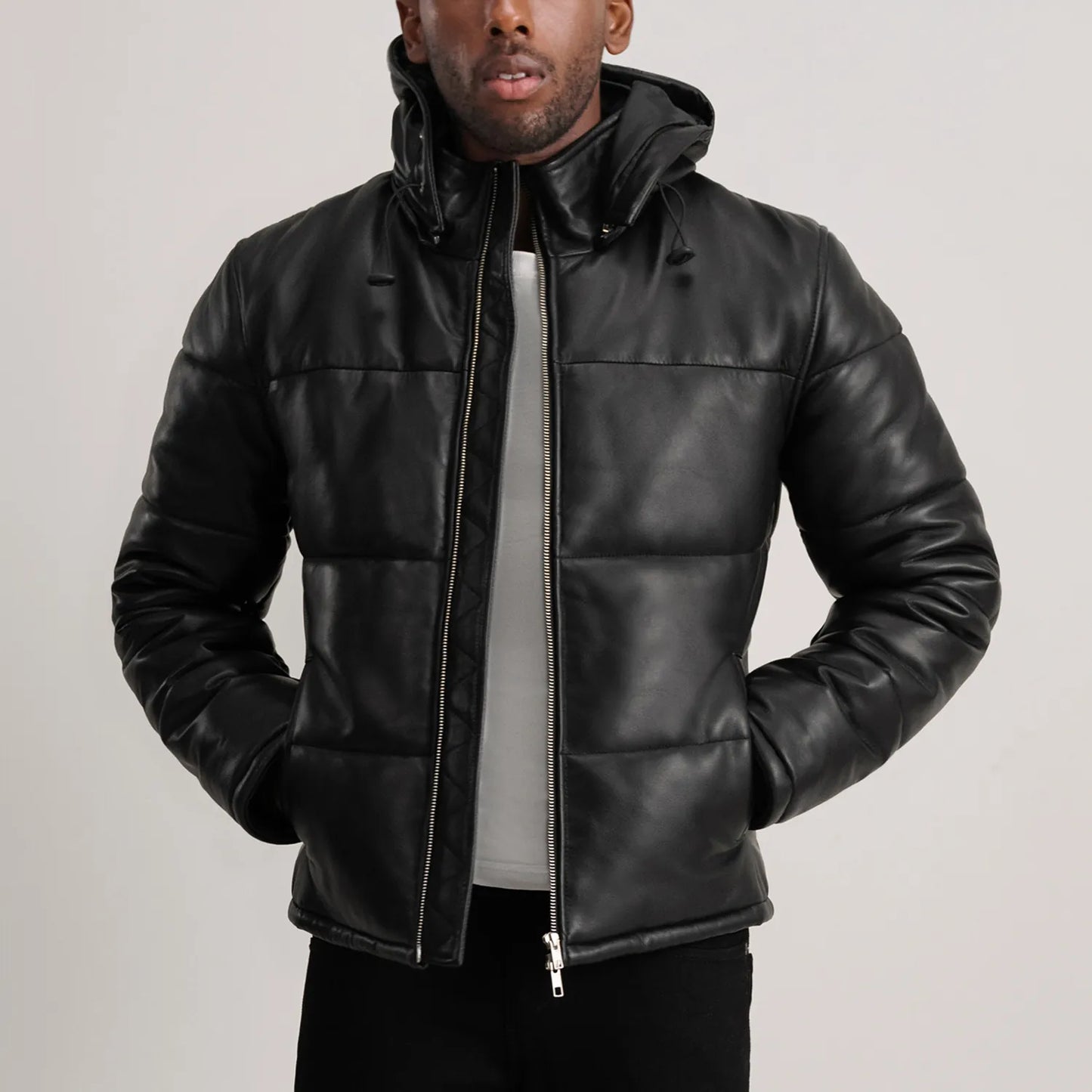 Ace Black Hooded Sheep Leather Puffer Jacket
