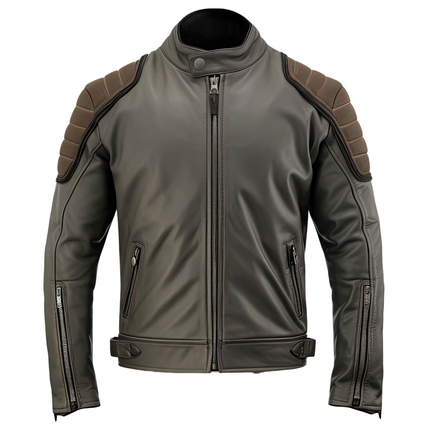 Men's Charcoal Grey Brown Genuine Sheepskin Classy Stand Collar Moto Multiple Zipper Soft Casual Café Racer Leather Jacket - Front View - DENIMS