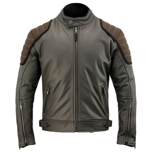 Men's Charcoal Grey Brown Genuine Sheepskin Classy Stand Collar Moto Multiple Zipper Soft Casual Café Racer Leather Jacket - Front View - DENIMS