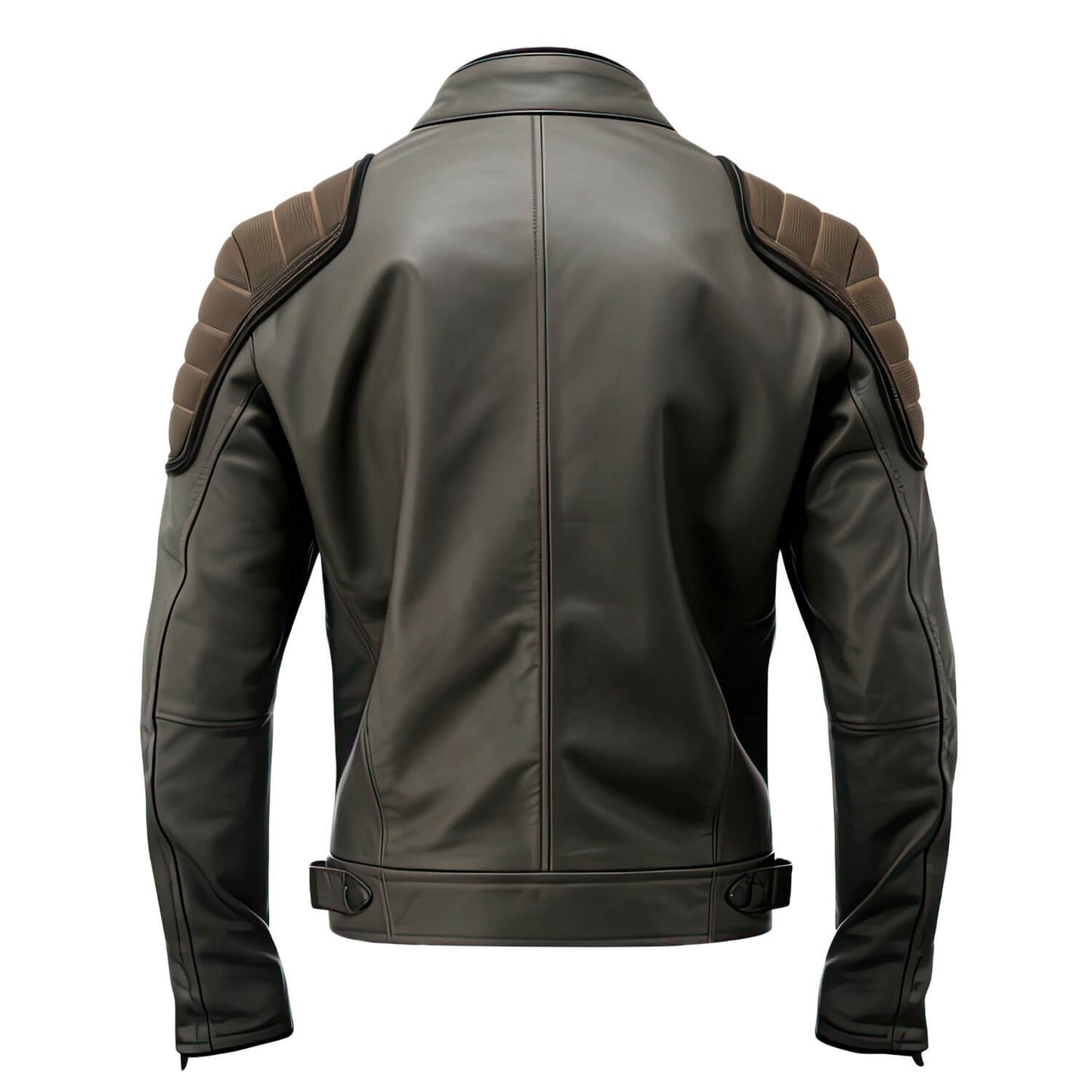 Men's Charcoal Grey Brown Genuine Sheepskin Classy Stand Collar Moto Multiple Zipper Soft Casual Café Racer Leather Jacket - Back View - DENIMS