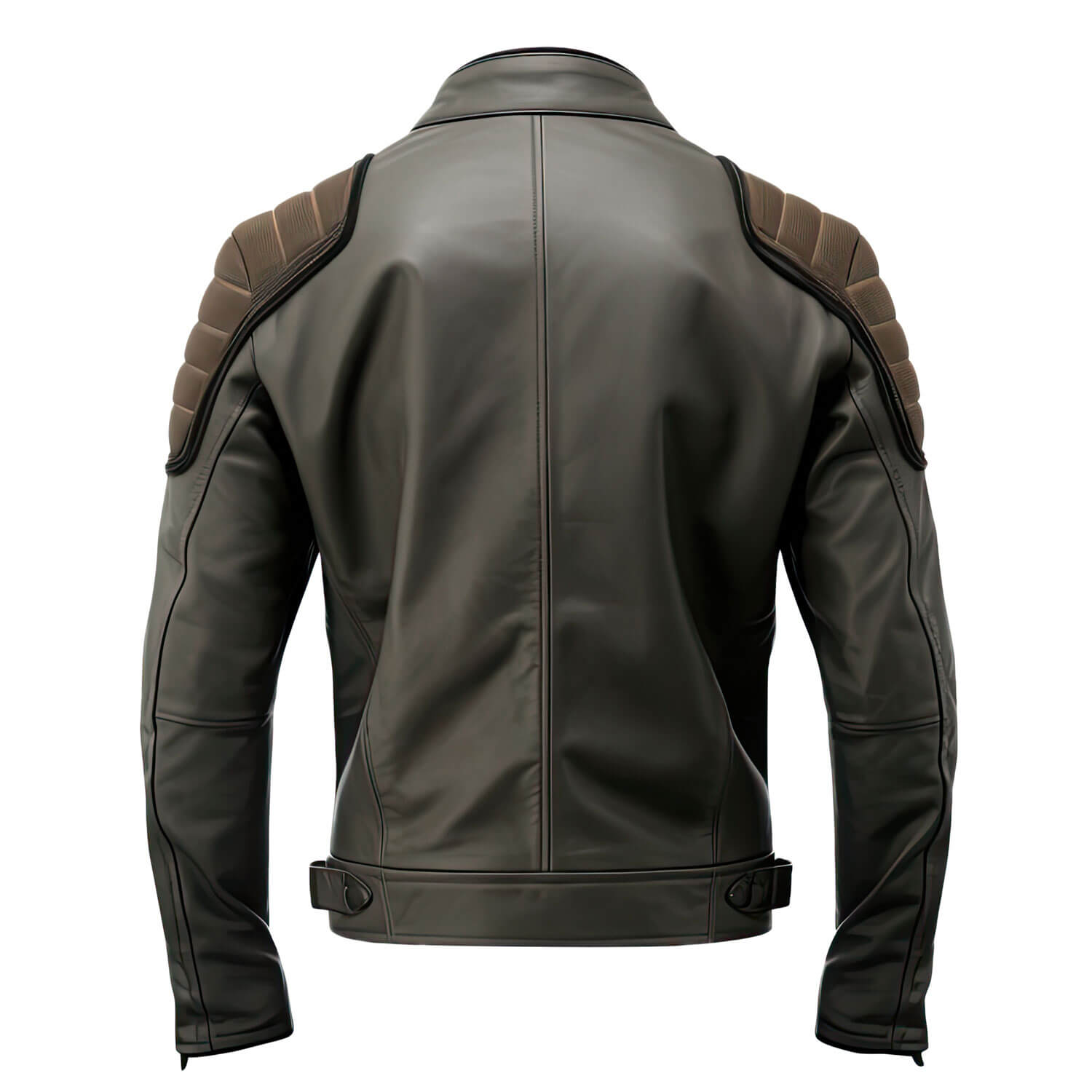 Men's Charcoal Grey Brown Genuine Sheepskin Classy Stand Collar Moto Multiple Zipper Soft Casual Café Racer Leather Jacket - Back View - DENIMS