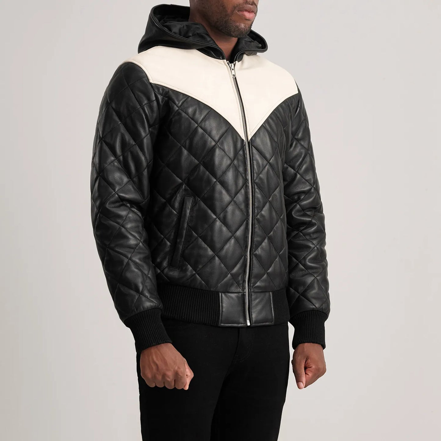 Ace Black-White Hooded Bomber Leather Puffer Jacket