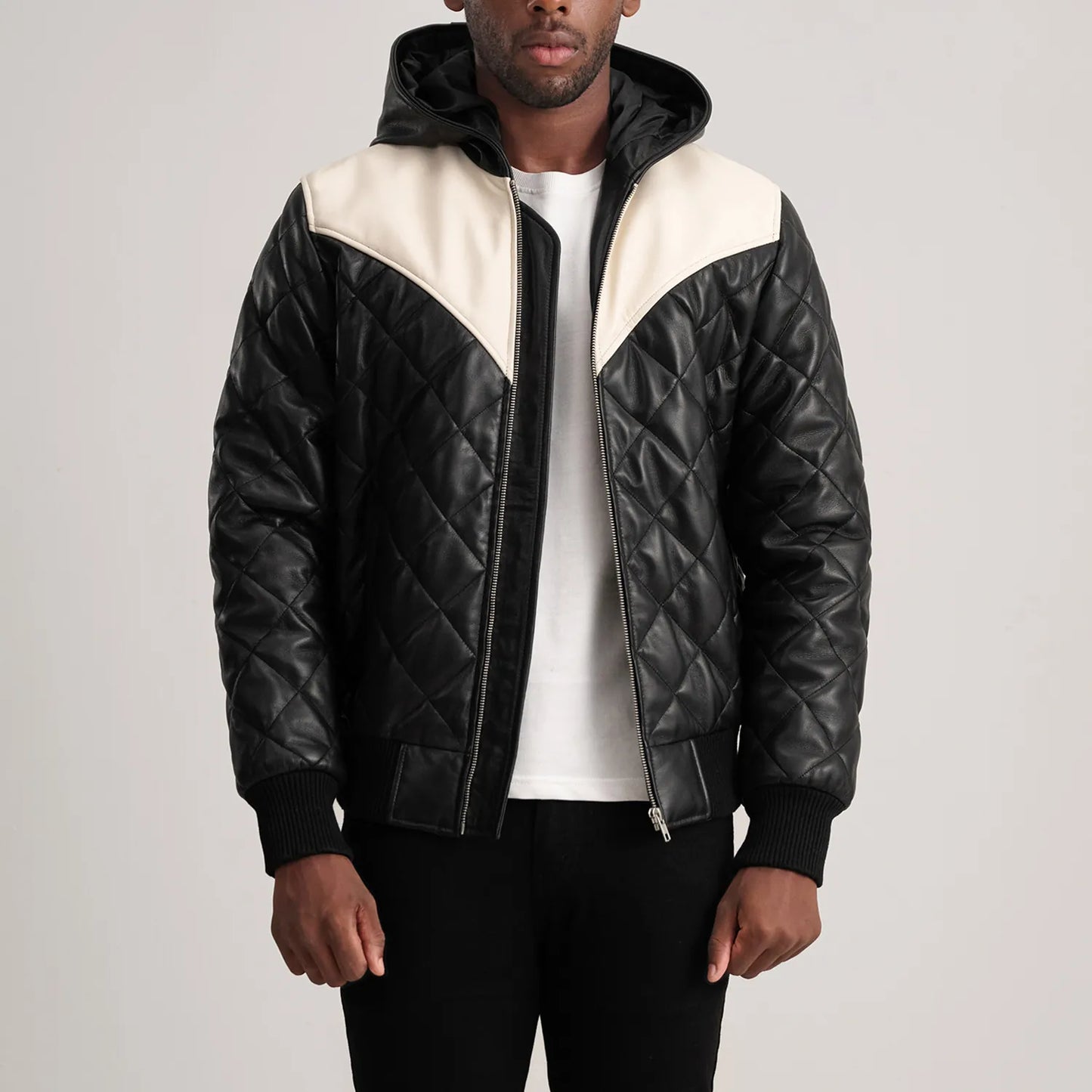 Ace Black-White Hooded Bomber Leather Puffer Jacket