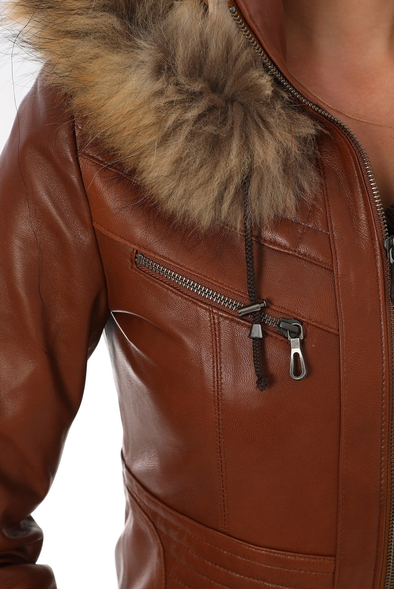 Caroline Tan Hood Long Leather Jacket Fur Collar
