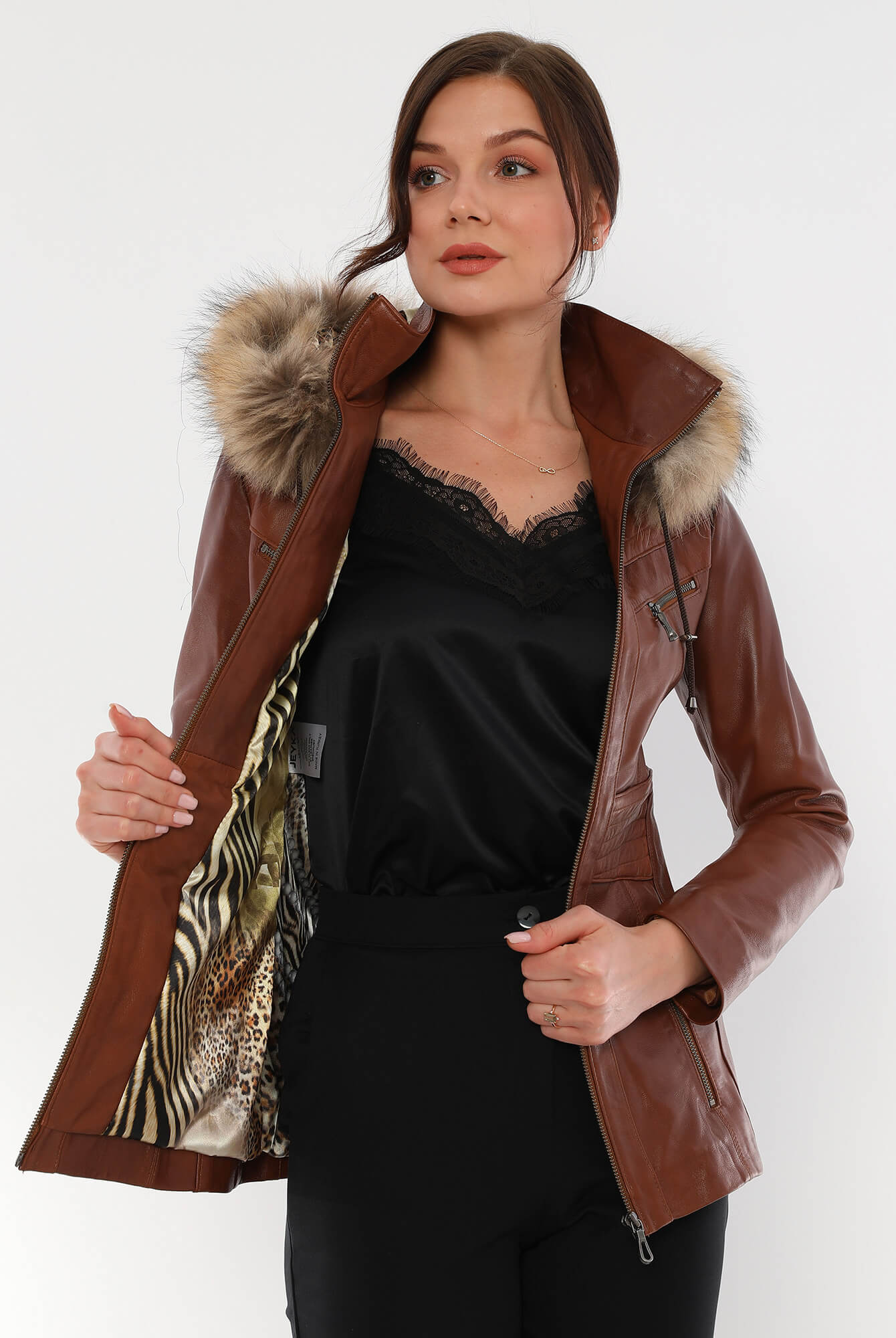 Caroline Tan Hood Long Leather Jacket Fur Collar