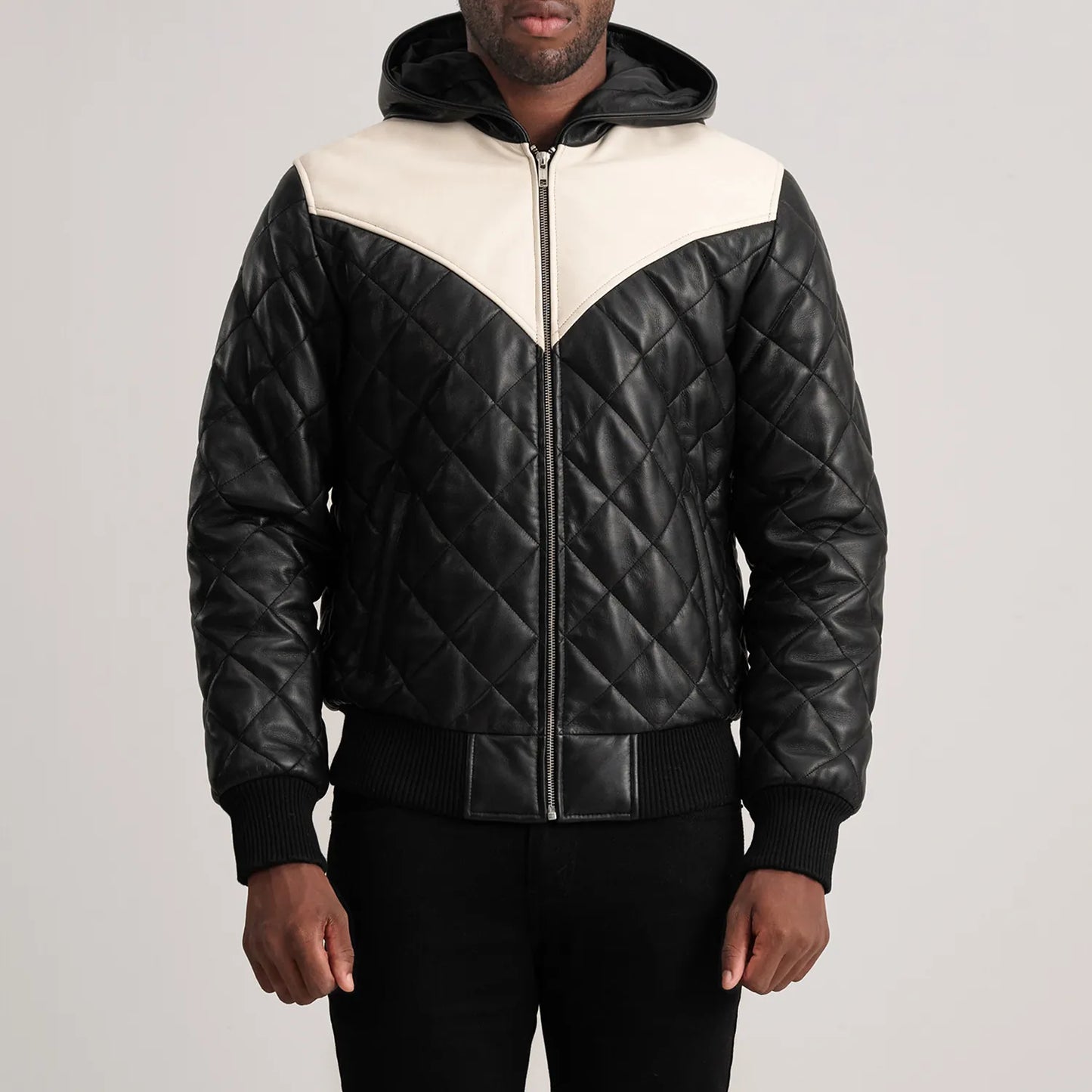 Ace Black-White Hooded Bomber Leather Puffer Jacket