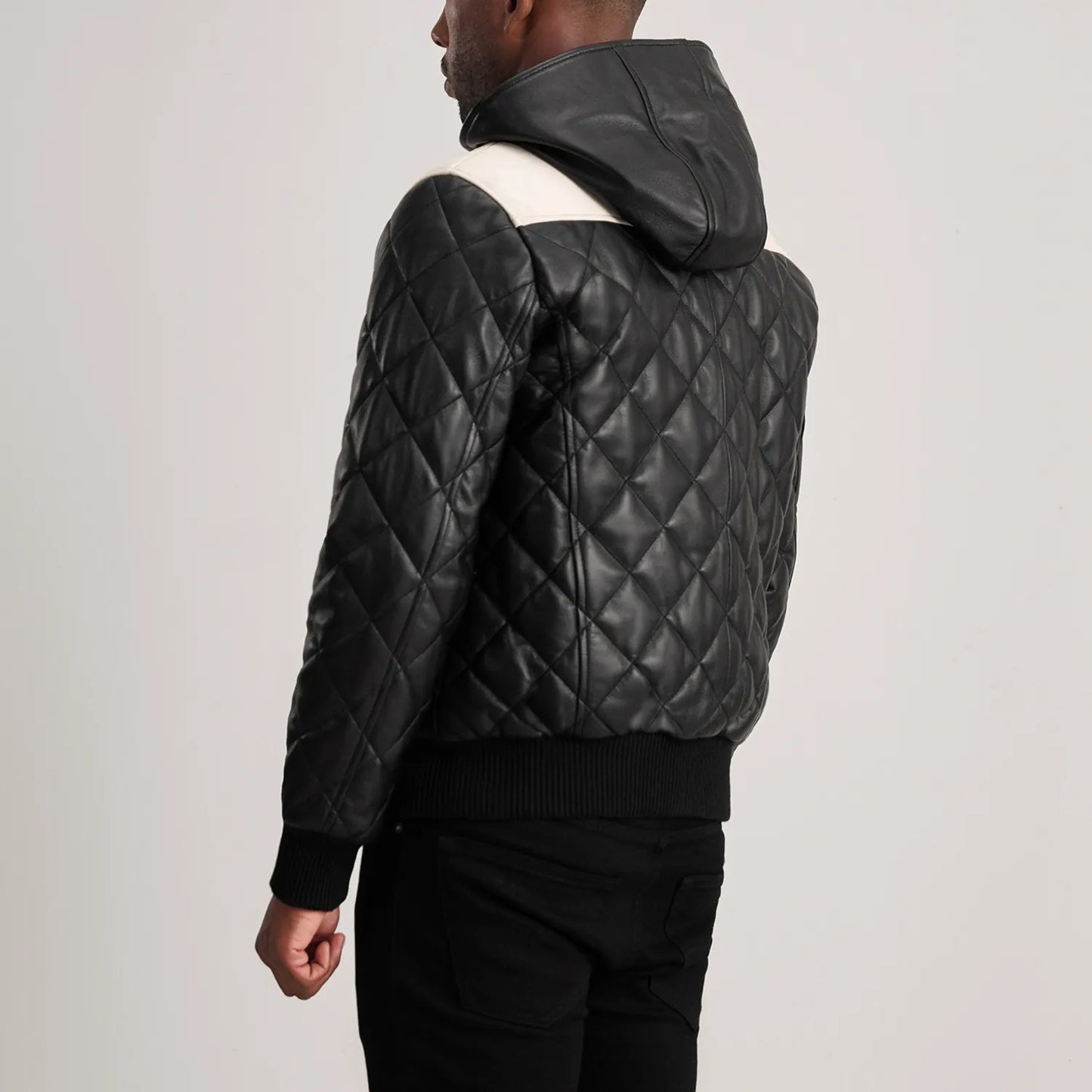 Ace Black-White Hooded Bomber Leather Puffer Jacket