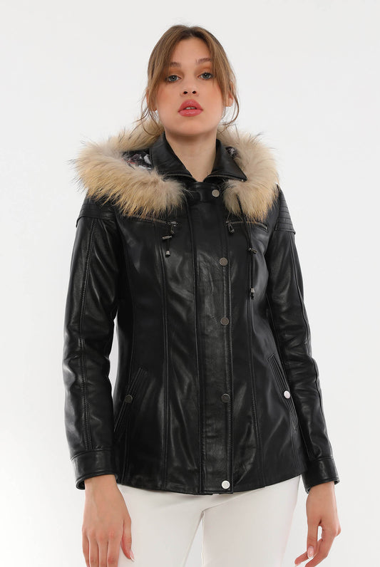 Veronica Black Hood Leather Jacket With Collar Fur