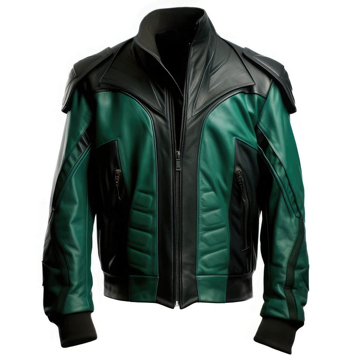Men's Green Black Genuine Sheepskin Stand Collar Biker Racing Outfit Classy Punk Zip-up Bomber Soft Rib Knit Leather Jacket - Front View - DENIMS