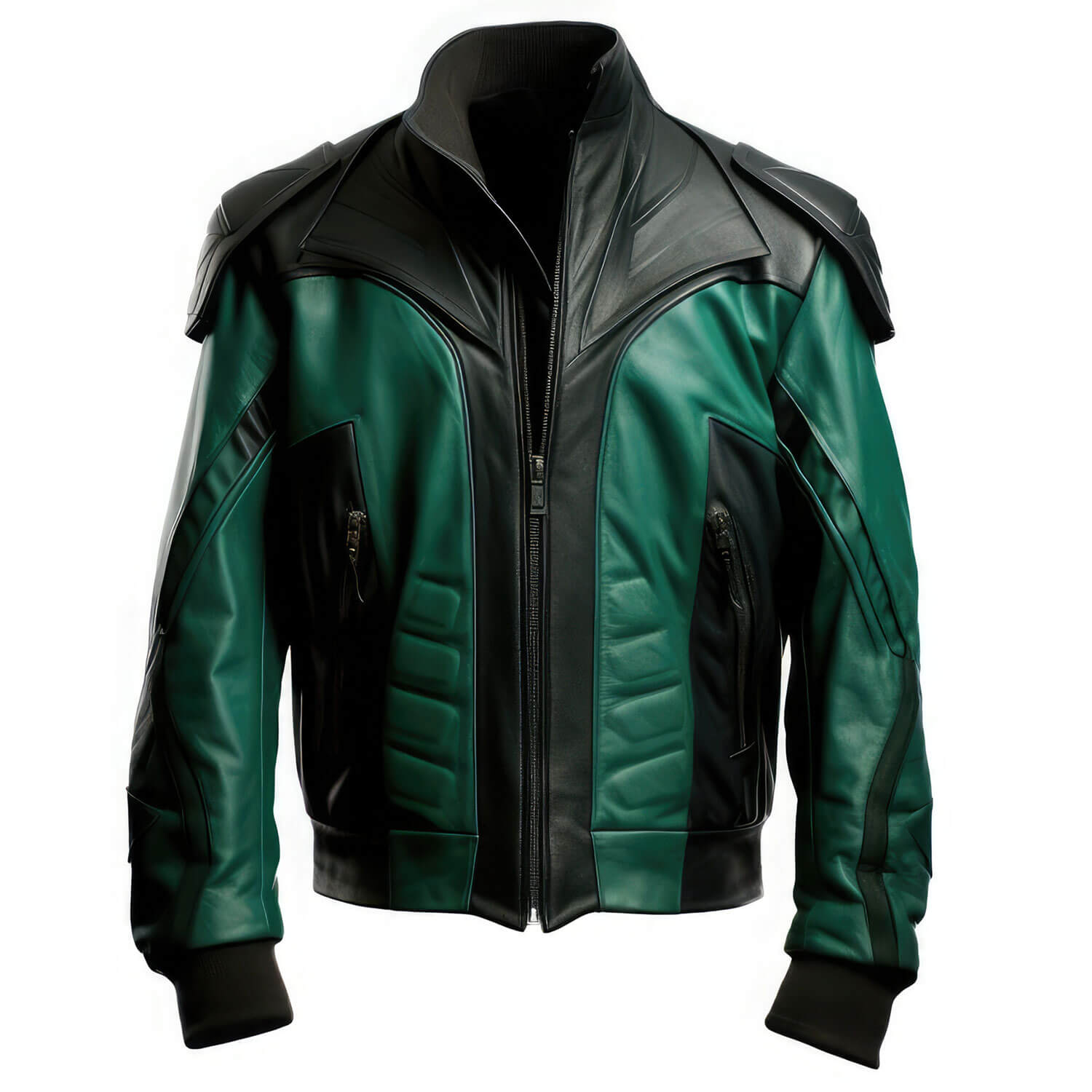 Men's Green Black Genuine Sheepskin Stand Collar Biker Racing Outfit Classy Punk Zip-up Bomber Soft Rib Knit Leather Jacket - Front View - DENIMS