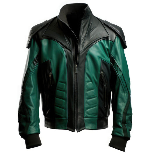 Men's Green Black Genuine Sheepskin Stand Collar Biker Racing Outfit Classy Punk Zip-up Bomber Soft Rib Knit Leather Jacket - Front View - DENIMS
