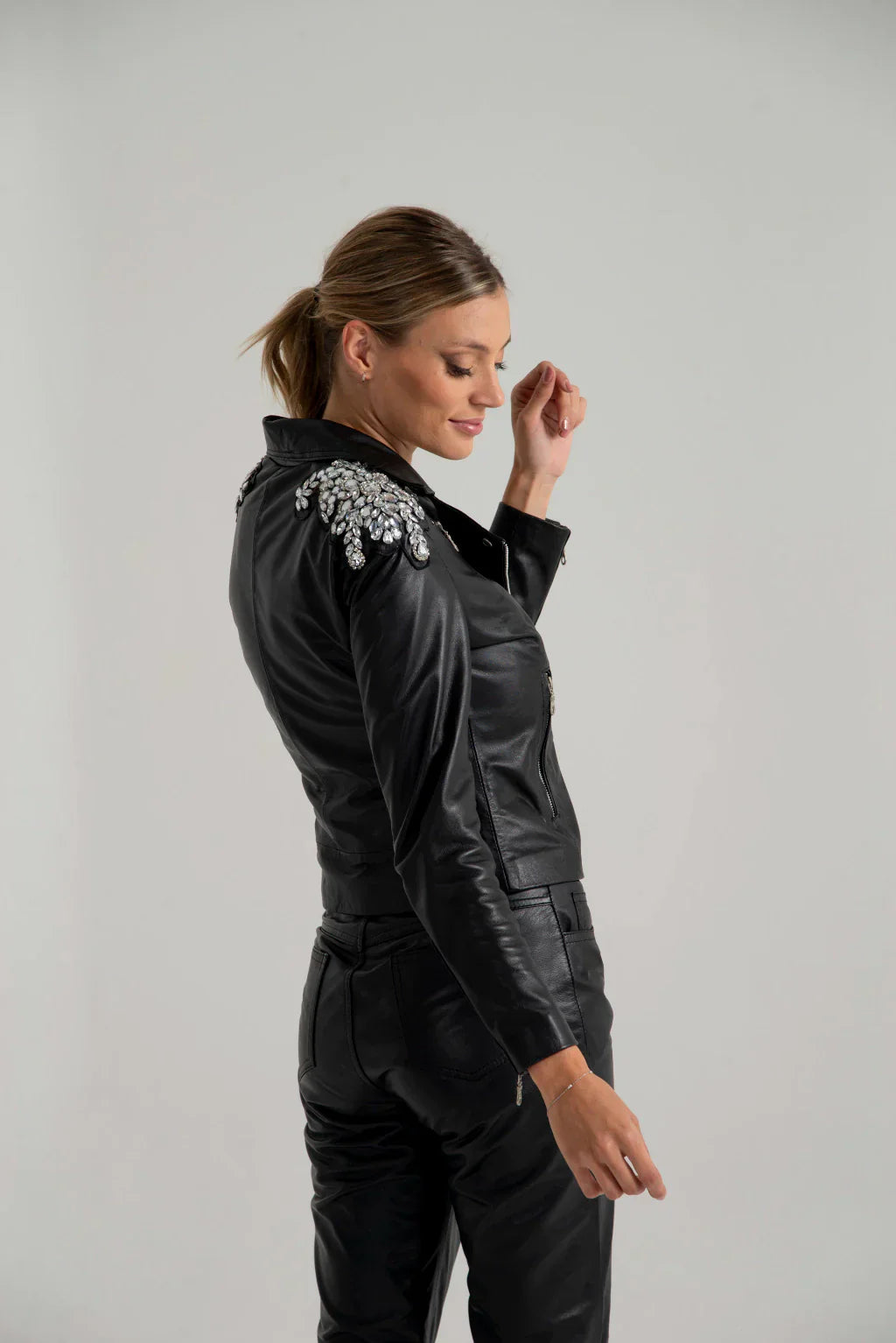 Crystals Shoulder Biker Leather Jacket