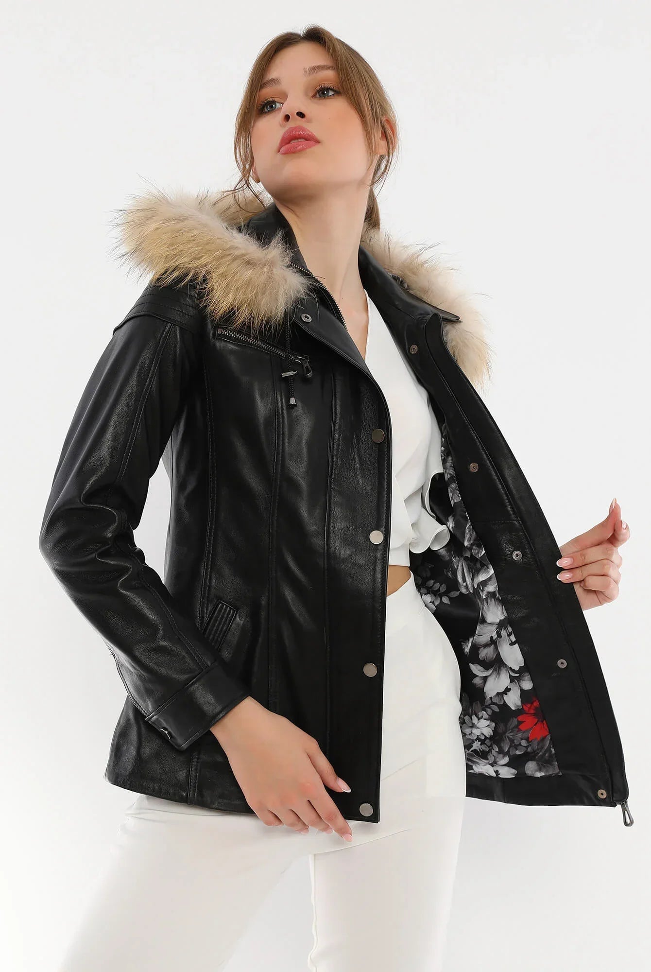 Veronica Black Hood Leather Jacket With Collar Fur