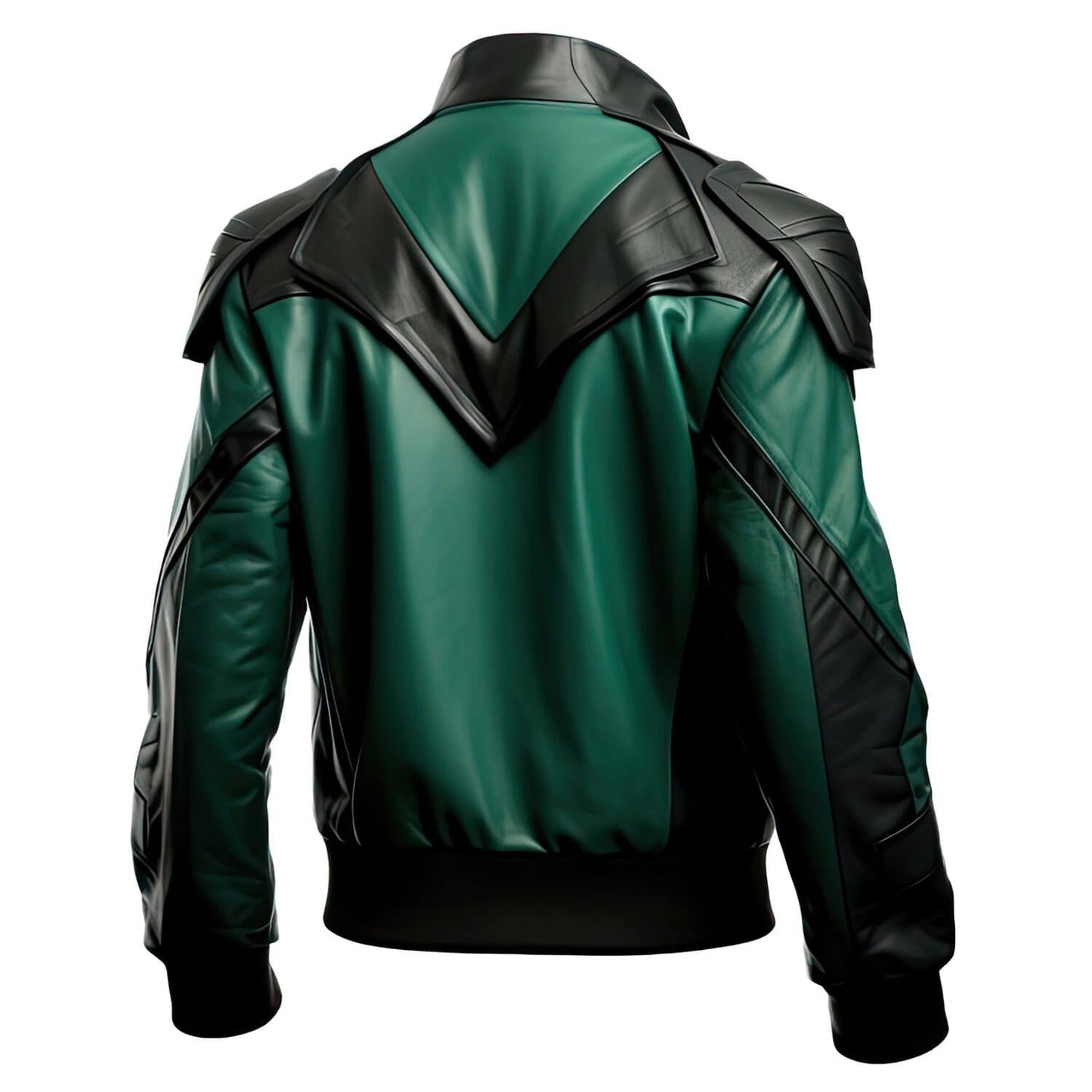 Men's Green Black Genuine Sheepskin Stand Collar Biker Racing Outfit Classy Punk Zip-up Bomber Soft Rib Knit Leather Jacket - Back View - DENIMS