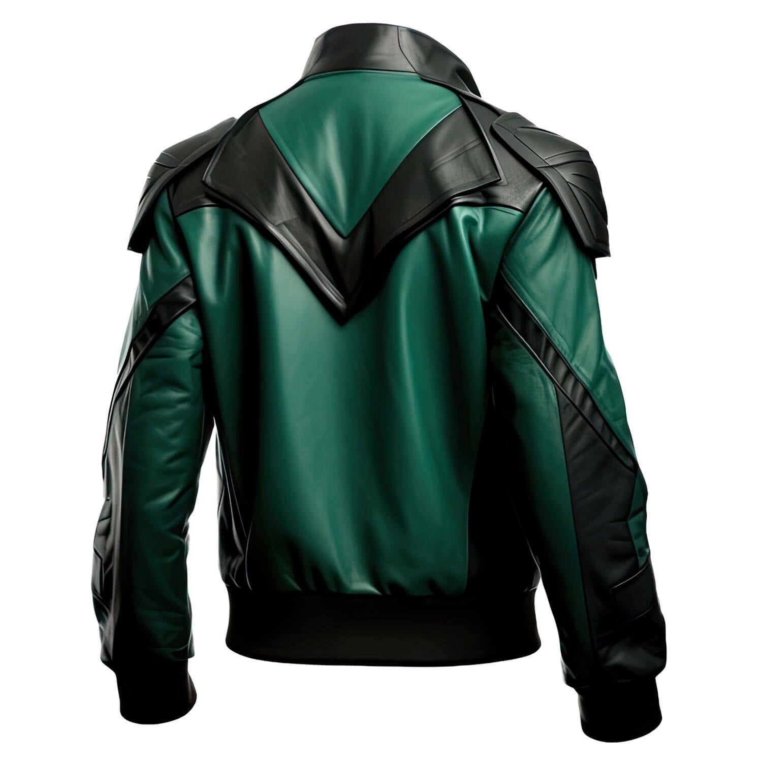 Men's Green Black Genuine Sheepskin Stand Collar Biker Racing Outfit Classy Punk Zip-up Bomber Soft Rib Knit Leather Jacket - Back View - DENIMS