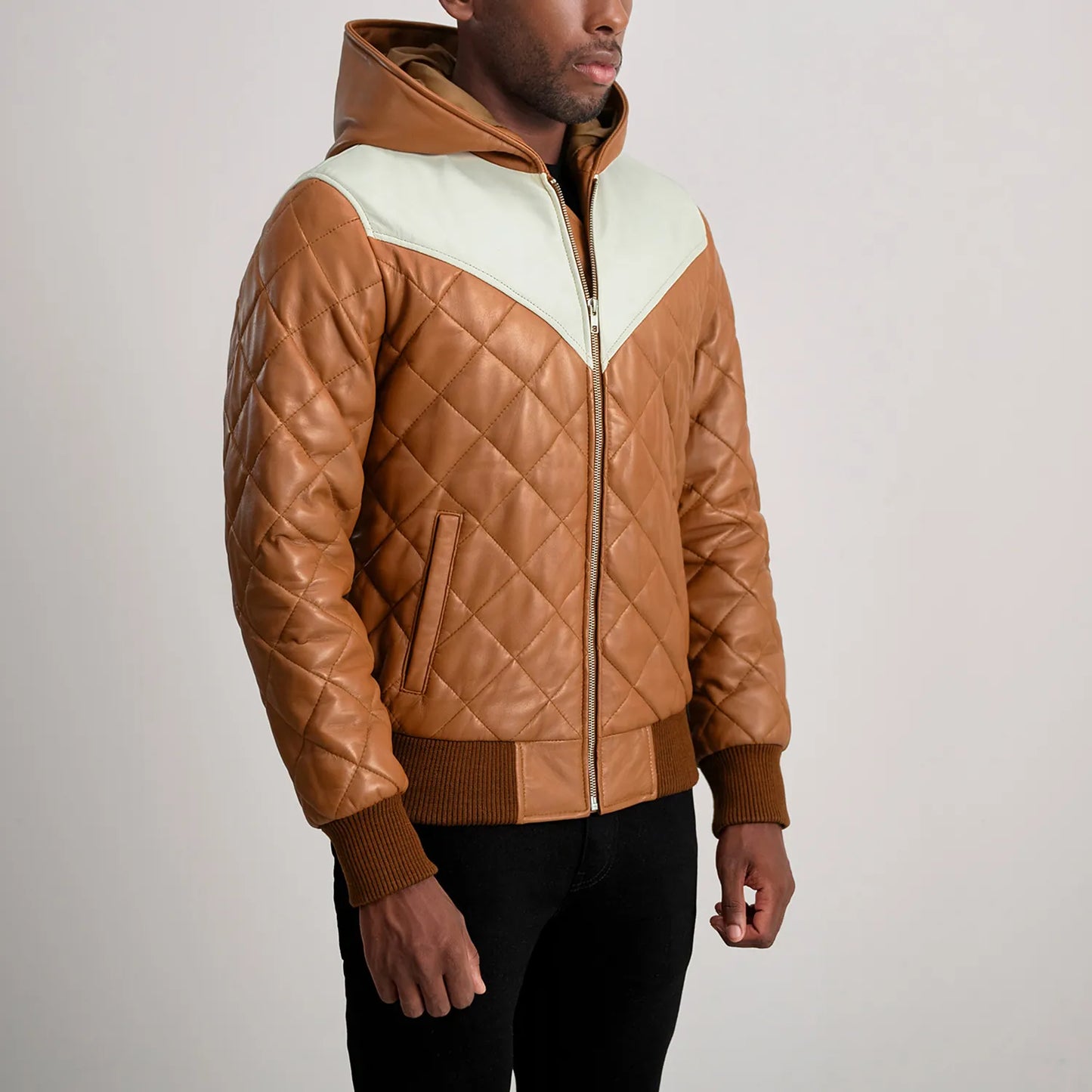 Ace Tan-White Hooded Bomber Leather Puffer Jacket