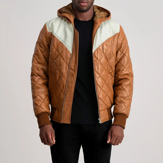 Ace Tan-White Hooded Bomber Leather Puffer Jacket