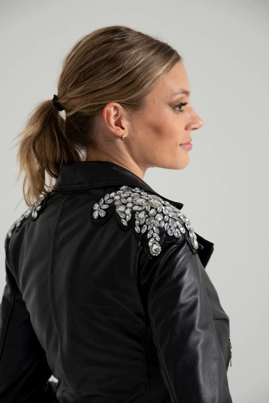 Crystals Shoulder Biker Leather Jacket