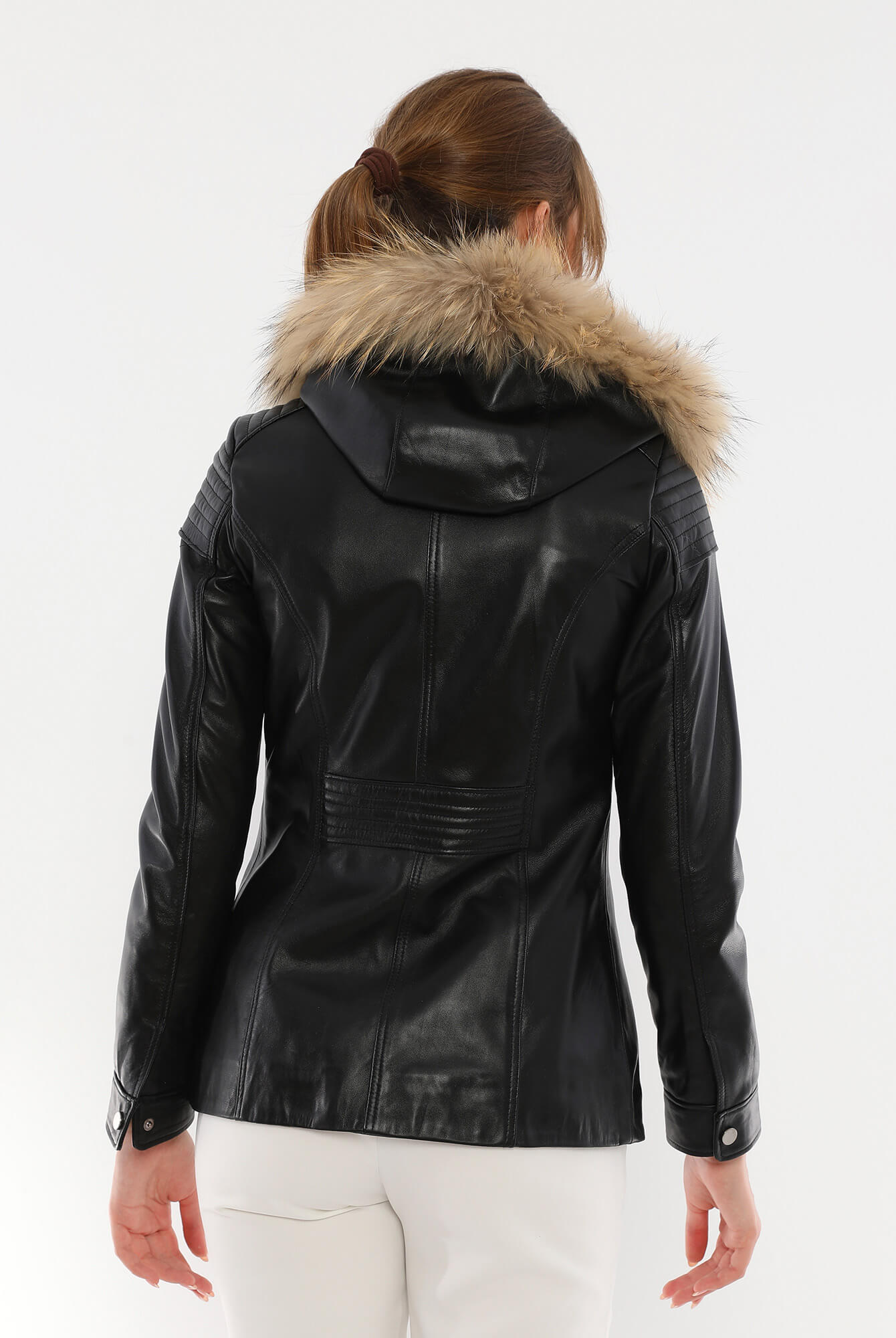 Veronica Black Hood Leather Jacket With Collar Fur