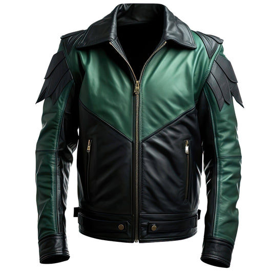 Men's Green Black Genuine Sheepskin Biker Shirt Collar Punk Zip-up Winter Lightweight Fashionable Racer Leather Jacket - Front View - DENIMS