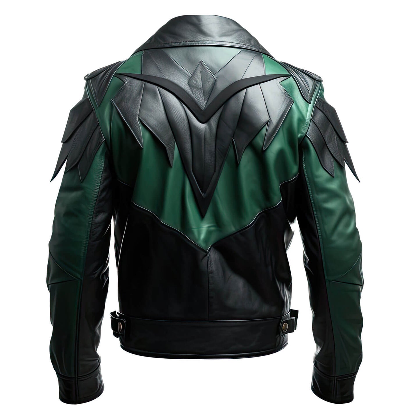 Men's Green Black Genuine Sheepskin Biker Shirt Collar Punk Zip-up Winter Lightweight Fashionable Racer Leather Jacket - Back View - DENIMS